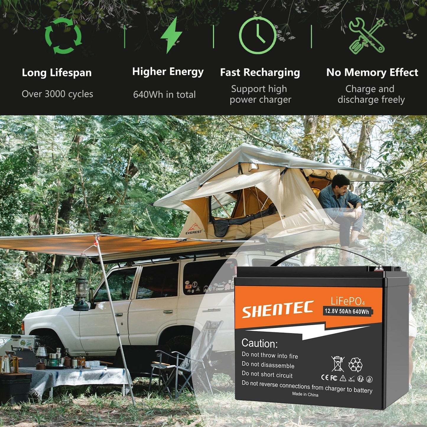 SHENTEC 12.8V 50Ah Lithium LiFePO4-Batterie für Solar, Wohnmobil, Boot, Caravan, Camping