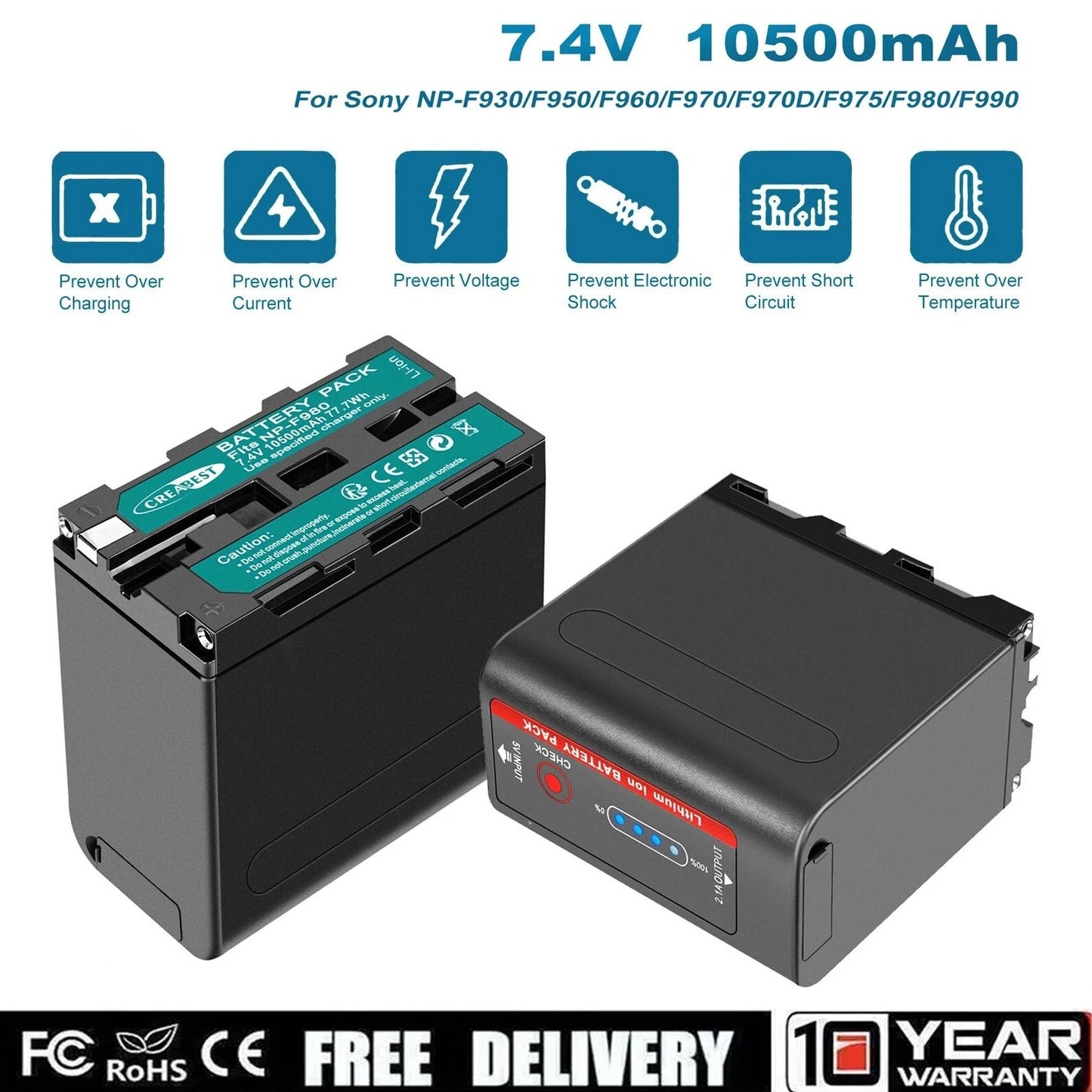 2X 7.4V NP-F970 10500mAh Akku für Sony NP-F930 F950 NP-F530 F960 NP-F990