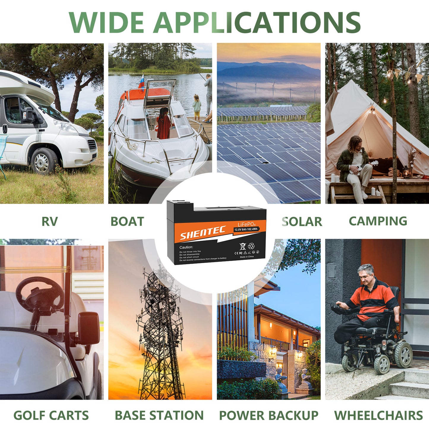 SHENTEC 8Ah 12,8V BMS LiFePO4-Batterie für Boot, Wohnmobil, Solar, Caravan, Camper und Off-Grid-Golf