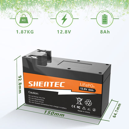 SHENTEC 8Ah 12,8V BMS LiFePO4-Batterie für Boot, Wohnmobil, Solar, Caravan, Camper und Off-Grid-Golf