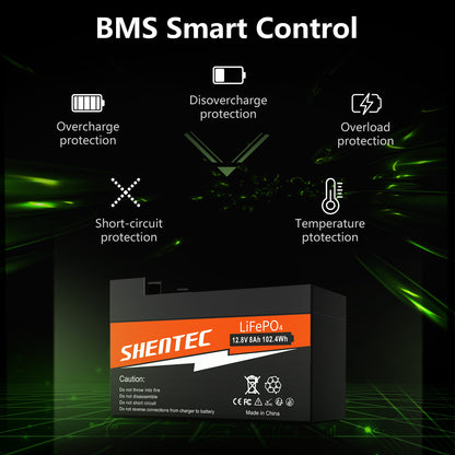 SHENTEC 8Ah 12,8V BMS LiFePO4-Batterie für Boot, Wohnmobil, Solar, Caravan, Camper und Off-Grid-Golf