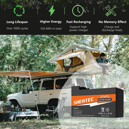 SHENTEC 8Ah 12,8V BMS LiFePO4-Batterie für Boot, Wohnmobil, Solar, Caravan, Camper und Off-Grid-Golf